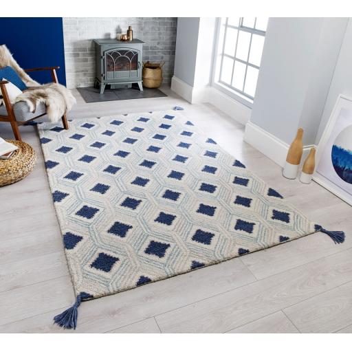 Nappe Wool Rug for Living Room Bedroom Fringed Soft Medium Grey Blue Rug in 120x170 cm