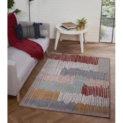 Memphis Hand Made Wool Modern Abstract Striped Rug in Multi Charcoal Cream