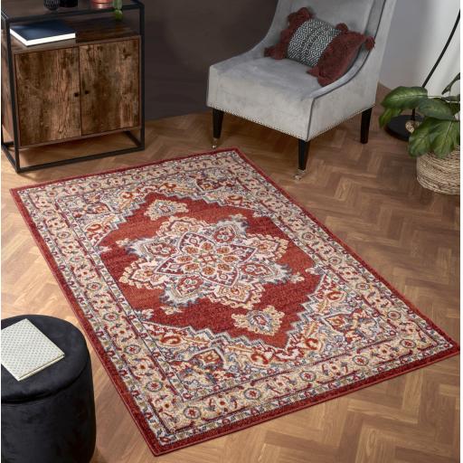Orient 8917 Rug Traditional Bordered Red, Terracotta, Navy Green Rug