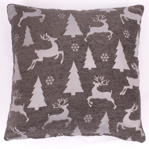 Christmas Sparkle Trees & Reindeer Soft Cushion in Grey 45x45 cm