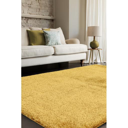 Payton Shaggy Rug Soft Fluffy Living Room Bedroom Silky Shimmer Gold Yellow Rug