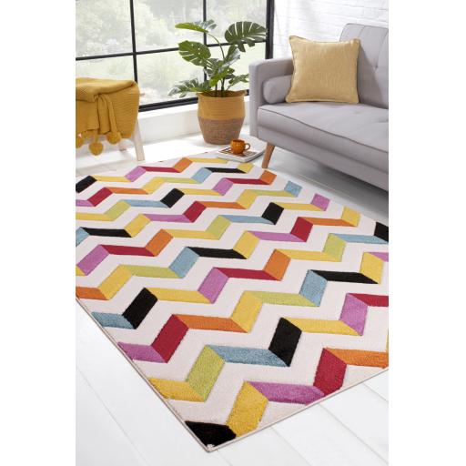 Spectra Carved Coral  Geometric Rainbow Bright Multi Coloured Soft Rug Hallway Runner