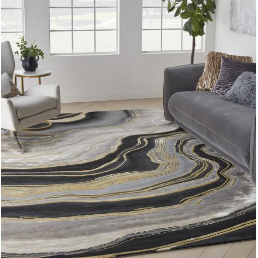 Prismatic Abstract Rug by Nourison Modern Luxury Soft Wool Silky Viscose Hand Tufted PRS31 Rug in Grey Black