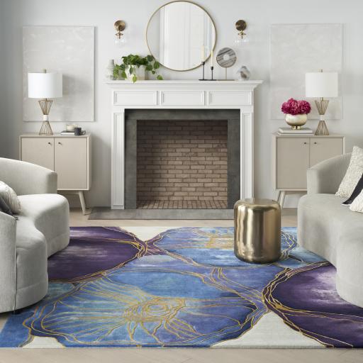 Prismatic Abstract Rug by Nourison Modern Luxury Soft Wool Silky Viscose Hand Tufted PRS32 Rug in Blue Gold