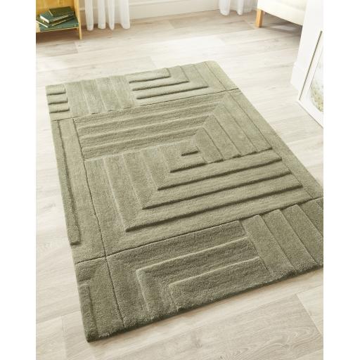 Origin Maze Rug Soft Wool High Quality Modern Linear Geometric Rug in Olive Green