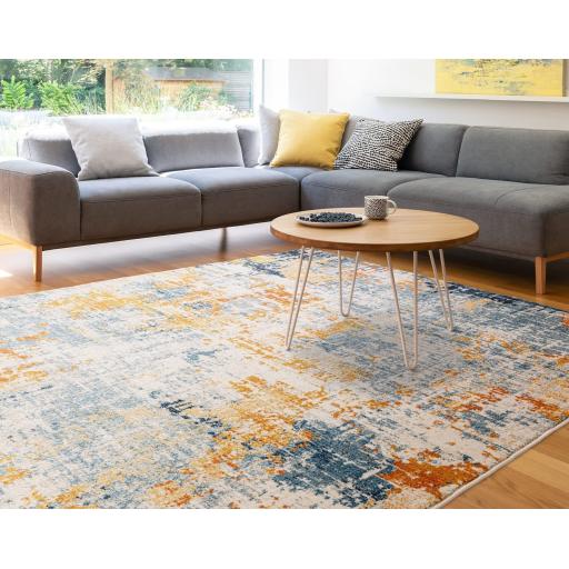 Illusion Ochre Blue NV39 Abstract Marble Rug for Modern Bedroom Living Room Rug