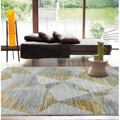 Orion Blocks Rug Geometric Abstract Soft Silky Silver Yellow, Blue, Heather Rug