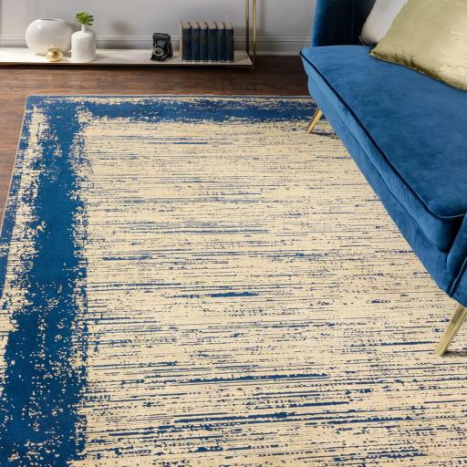 Elodie Contemporary Rug Modern Luxurious Soft Silky Metallic Shine Abstract Rug in Twilight Blue Gold