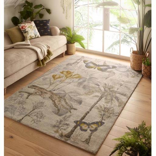Botany Rug by Clarke & Clarke Exotic Botanical Palm Butterfly Wild Cat Pattern Recycled Fibres Rug in Charcoal Chartreuse