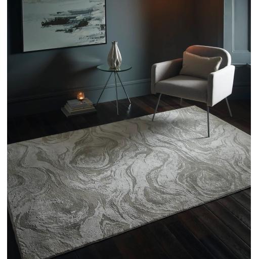 Lavico Swirl Marbled Rug Modern Abstract Silk Shiny Rug by Clarke & Clarke in Champagne Beige