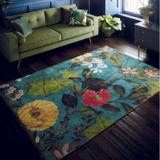 Passiflora Tropical Floral Rug by Clarke & Clarke Botanical Exotic Flatweave Rug in Kingfisher Blue
