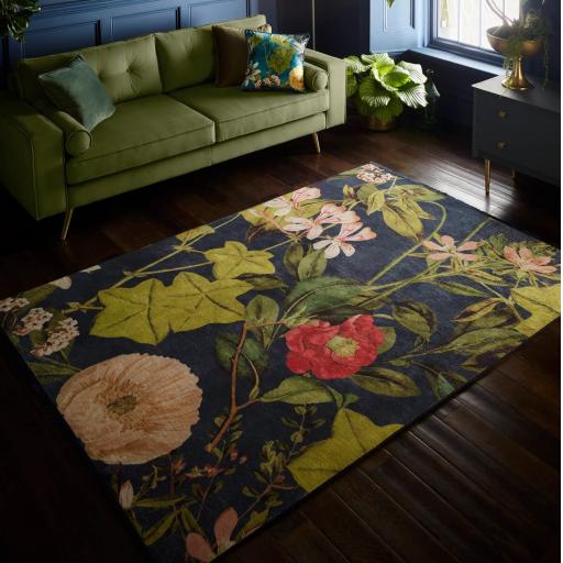 Passiflora Tropical Floral Rug by Clarke & Clarke Botanical Exotic Flatweave Rug in Midnight Spice