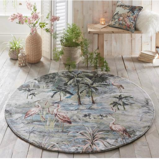 Habitat Circle Rug by Clarke & Clarke Flamingo Tropic Pattern Recycled Fibres Round Rug in Lagoon Blue 160x160 cm