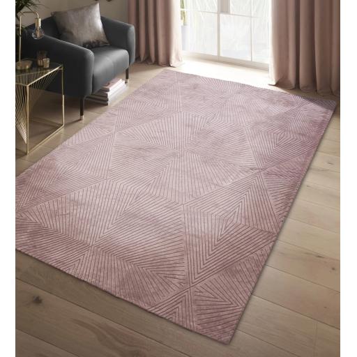 Blaize Geometric Rug by Clarke & Clarke Soft Silky Quality Viscose Geometric Design Rug in Blush Pink