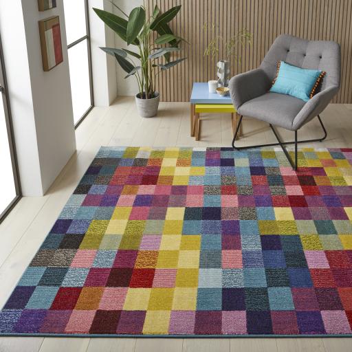 Carnaval CAR103 Vibrant Multi Colours Modern Geometric Squared Pattern Rug by Concept Looms