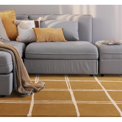 Albany Grid Modern Checkered Lines Geometric Wool Rug in Gold