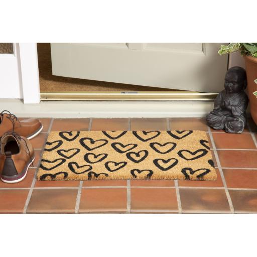 Astley Hand Drawn Hearts Doormat Natural Printed PVC Backed Coir Mat in Natural