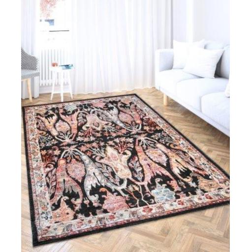 Alia 697GL Bordered Floral Traditional Short Pile Rug in Anthracite Cream