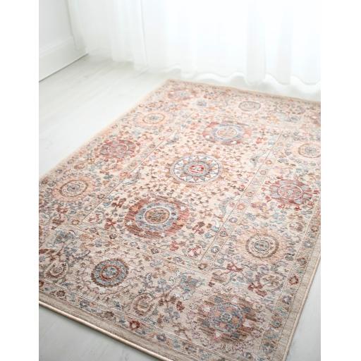 Alia 893GC Bordered Traditional Short Pile Floral Rug in Beige Light Brown