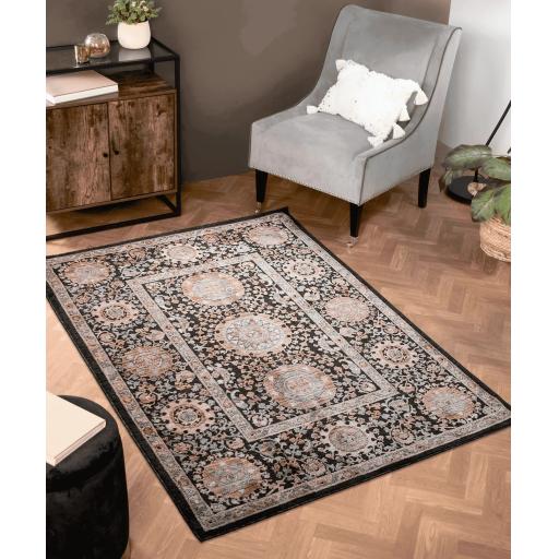 Alia 843GL Bordered Traditional Short Pile Floral Rug in Anthracite Rose