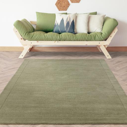 York 100% Wool Rug for Living Room Bedroom Hand Made Modern Plain Bordered Rug in Sage Green