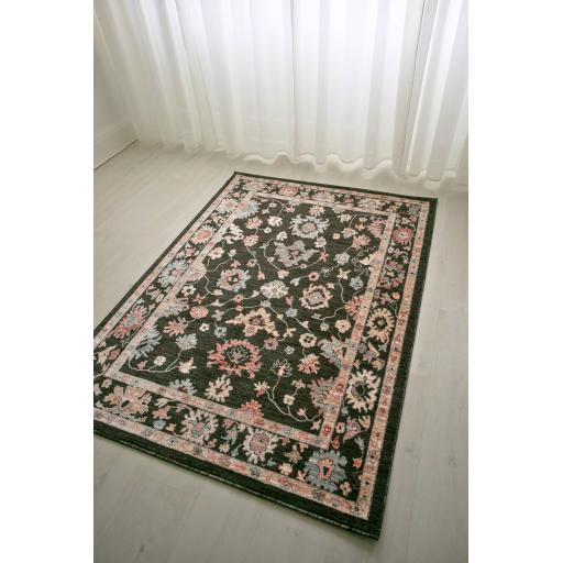 Alia 428GL Bordered Floral Traditional Modern Short Pile Rug in Anthracite Sand
