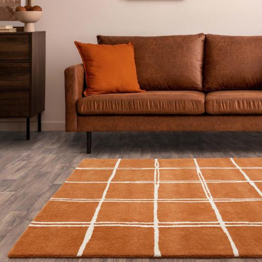Albany Grid Modern Checkered Lines Geometric Wool Rug in Orange Rust