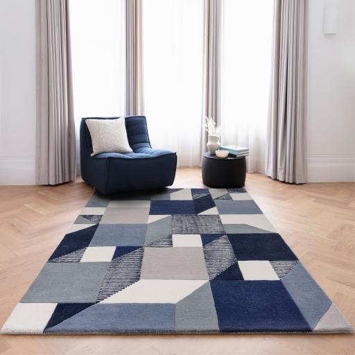 Matrix 101 Memphis Modern Geometric Abstract Hand Tufted Wool Viscose Soft Silky Rug in Blue