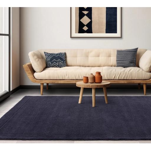 York 100% Wool Rug for Living Room Bedroom Hand Made Modern Plain Bordered Rug in Navy Blue