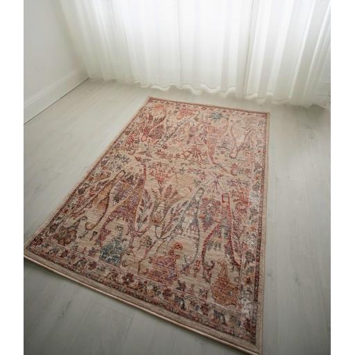 Alia 697GC Bordered Floral Traditional Modern Short Pile Soft Silky Rug in Beige Rose