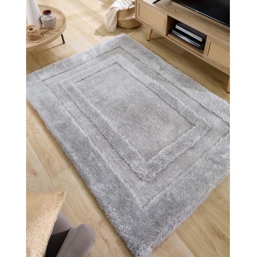 Origins Frame Hand Tufted Soft Silky Thick Shaggy Rug in Silver, Latte and Charcoal Grey