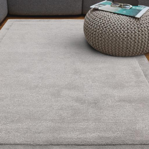 Rise Modern Plain Hand Carved Soft Silky Shiny Wool Viscose Rug in Silver