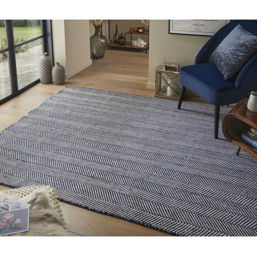 Cotswold Natural Flatweave Hand Woven Braided Wool COTW02 Navy Blue Rug by Concept Looms