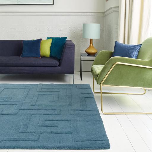 Maze Wool Rug Hand Tufted Modern Classic Rug in Teal Blue