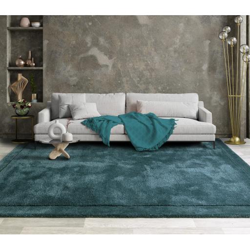 Rise Modern Plain Hand Carved Soft Silky Shiny Wool Viscose Rug in Teal Blue