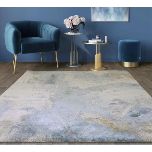 Stellar ST06 Modern Rug Painterly Abstract Marbled Soft Silky Shiny Blue Rug