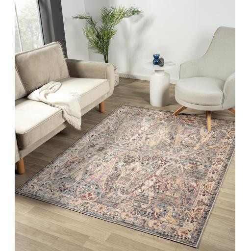 Alia 697GH Bordered Floral Traditional Modern Abstract Short Pile Rug in Light Blue Anthracite