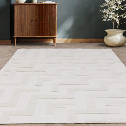 Washable Rug Freja Cove Short Pile Modern Abstract Maze Geometric Ivory White Rug