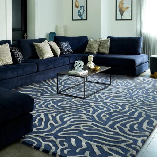 Coral Katherine Carnaby Rug Modern Abstract 3D Effect Viscose Wool Blue Rug