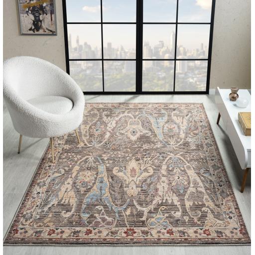 Alia 697G5 Bordered Floral Traditional Modern Short Pile Rug in Grey Anthracite