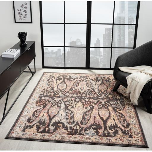 Alia 697GL Bordered Floral Traditional Short Pile Rug in Anthracite Cream