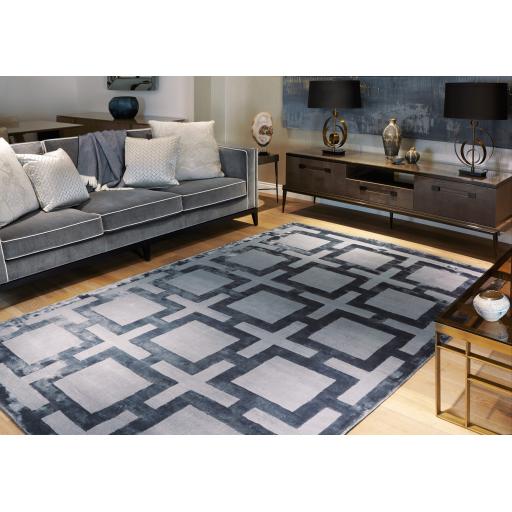 Eaton Katherine Carnaby Rug Modern Geometric Hand Woven Silky Viscose Metallic Sheen Super Soft Storm Denim Blue Rug