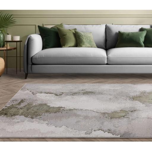 Stellar ST04 Modern Rug Painterly Abstract Marbled Soft Silky Shiny Green Natural Rug