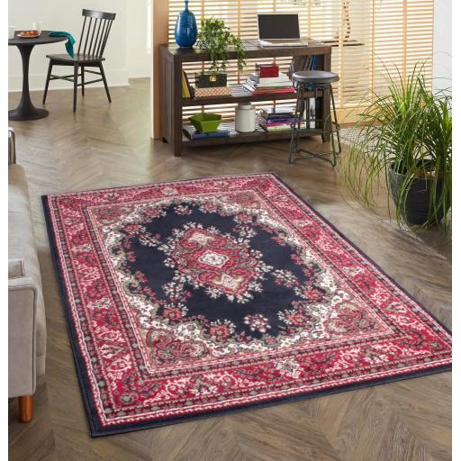 Lancashire Traditional Oriental Classic Rug Hallway Runner and Circle Carpet in Navy