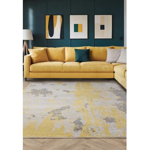 Nova NV18 Painterly Modern Abstract Distressed Rug in Yellow Ochre Grey