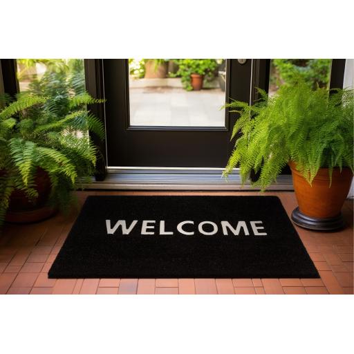 Black Welcome Doormat DO02 for Outdoor Indoor Use Coir Non-Slip Floor Mat in 45x75 cm
