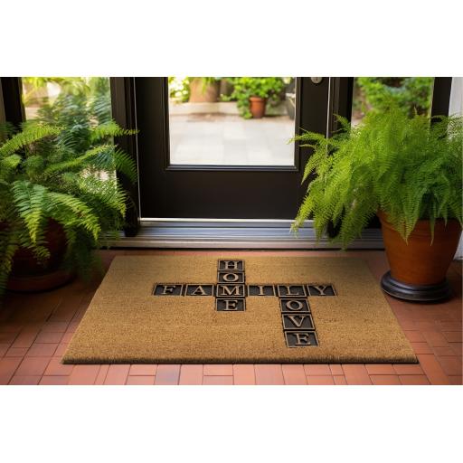 Family Home Love Crossword Style Doormat Natural DO02 Coir Non-Slip Floor Mat in 45x75 cm