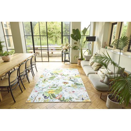 Eco-Washable Butterfly Blooms Non-Slip Rug in Sky Blue Multi Colours