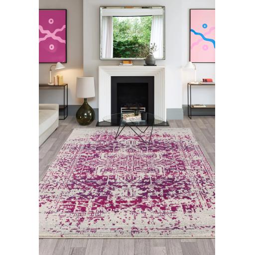 Nova Antique Abstract Traditional Medallion Rug in Fuschia, Orange, Grey Navy