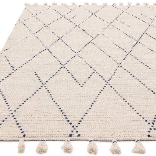 Nepal Cream Blue Linear Bohomian Berber Hand Woven Wool Fringed Rug